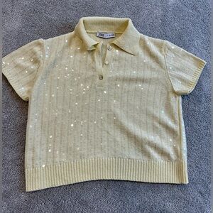 Zara Pale Yellow Sequin Polo Top